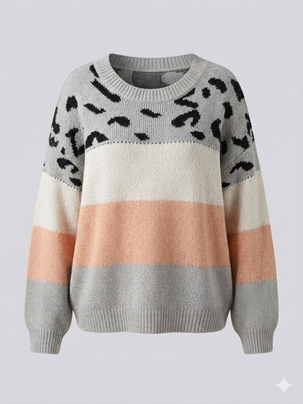 Shein Oversized Leopard Print Colorblock Sweater XL Coral Grey Boxy Cozycore